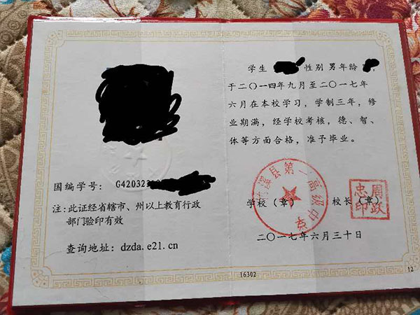 2017年湖北省当阳市高中毕业证样本