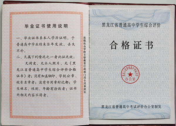 黑龙江省2017年高中毕业证成绩单