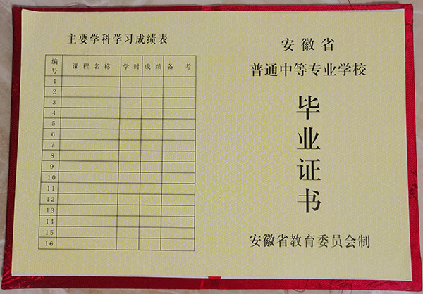安徽省1998年中专毕业证样本