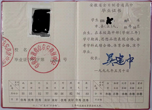 安徽省1993年高中毕业证样本