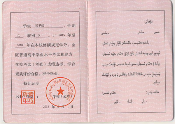 2000年新疆高中毕业证内芯