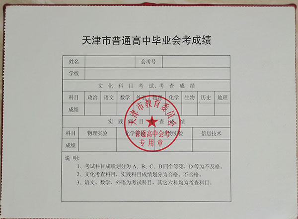 天津市1990年高中毕业证内页