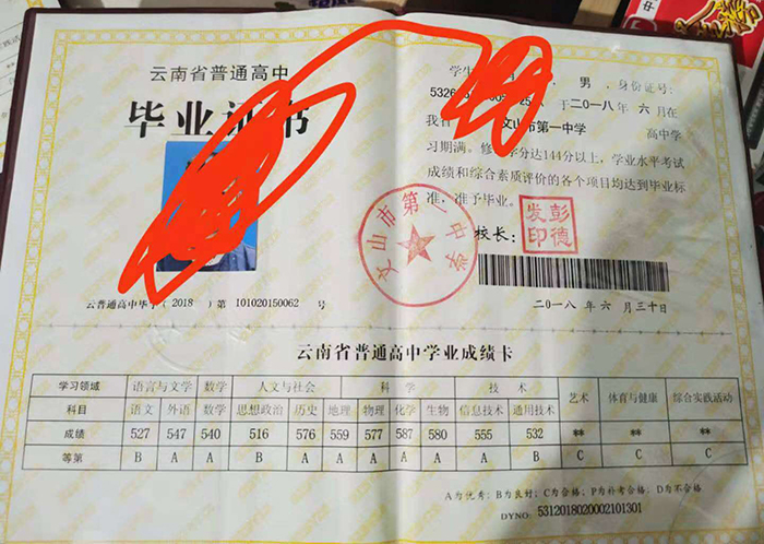 云南省2017年高中毕业证样本