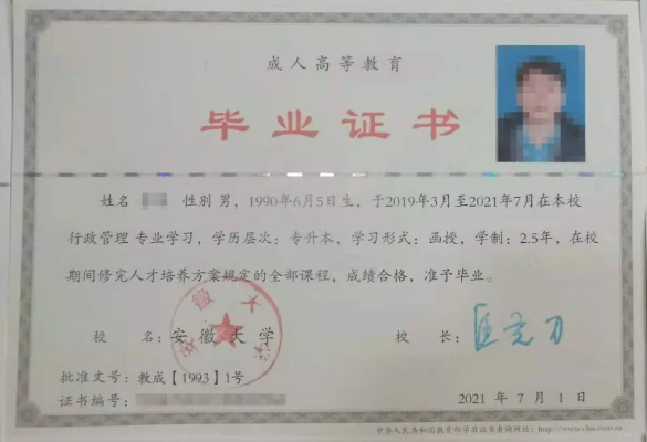 安徽大学函授本科毕业证样本