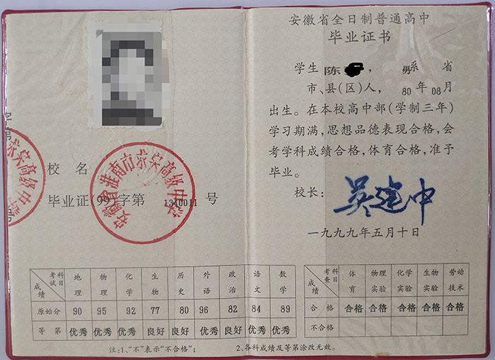 安徽省1996年高中毕业证样本