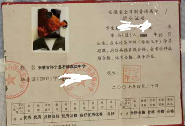 安徽省2008年高中毕业证样本
