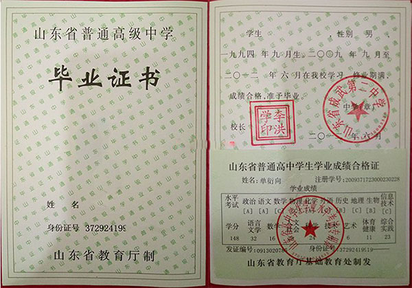山东省菏泽市2008年高中毕业证图片