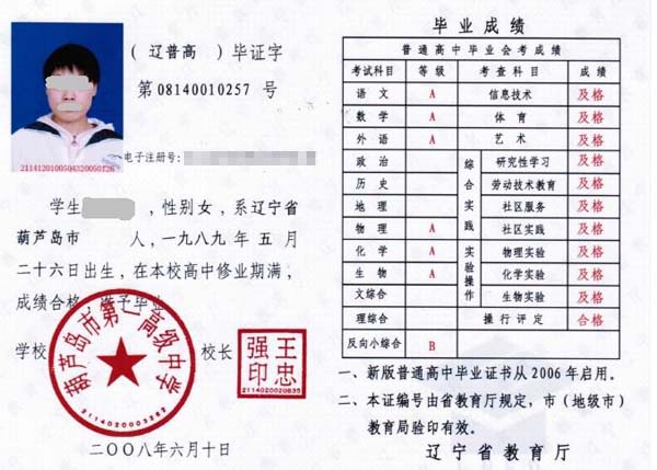 大连2021年高中毕业证样本「外壳+内芯」