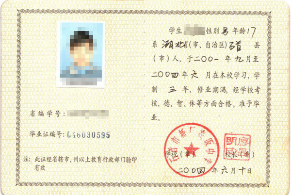 湖北1999年高中毕业证样本及补办流程
