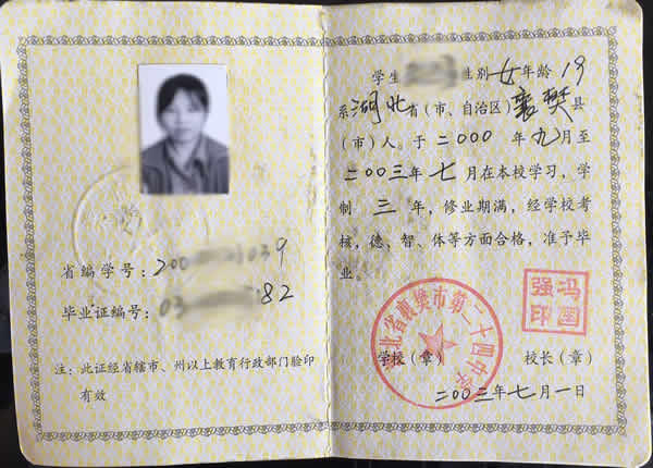 2003年黄石市高中毕业证样本