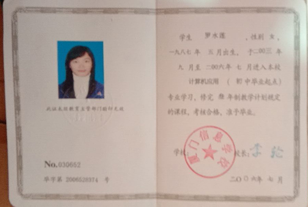 福建省1995年中专毕业证样本