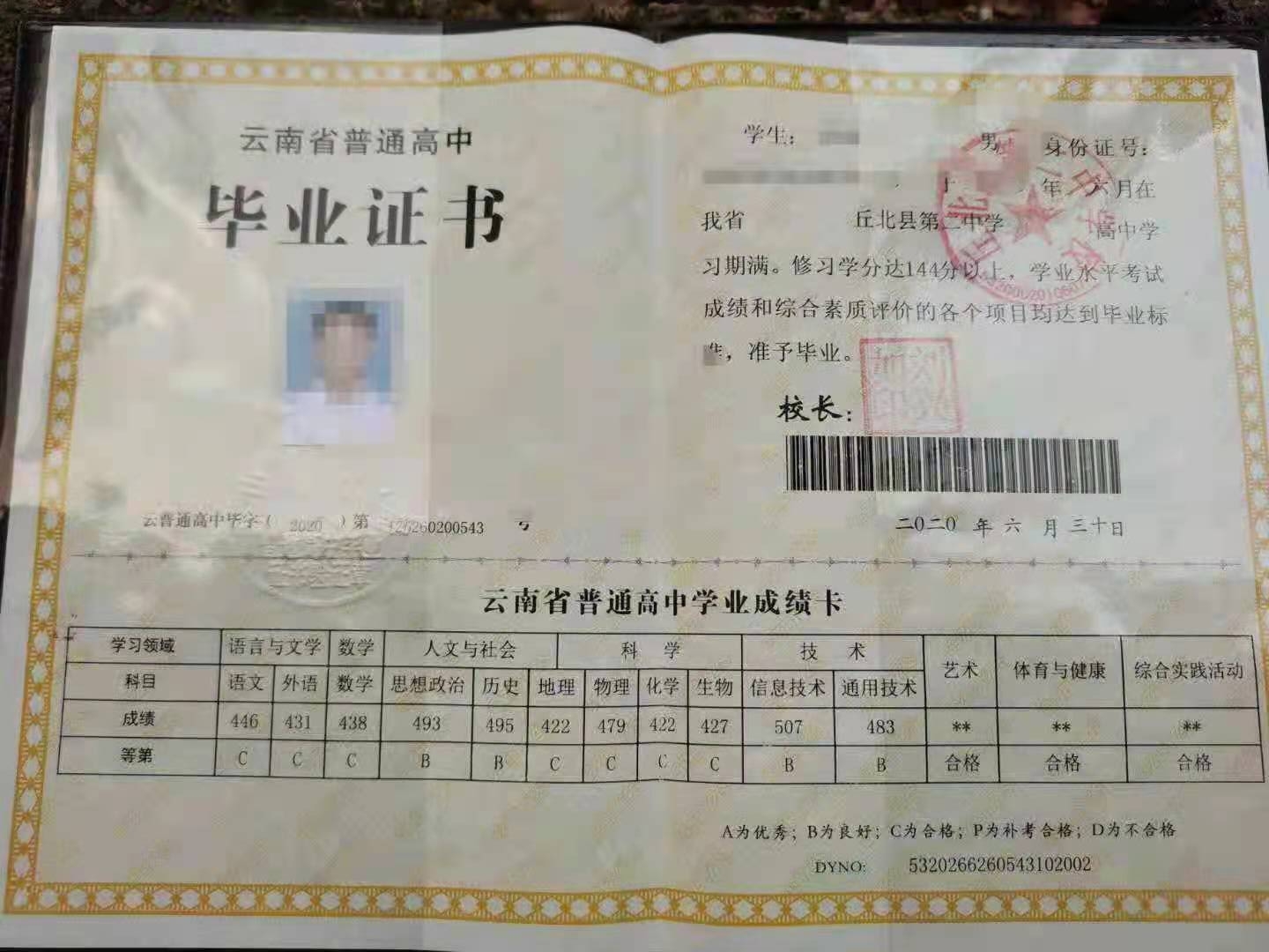 云南省2010年高中毕业证样本