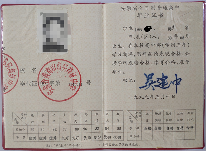 安徽省1999年高中毕业证样本