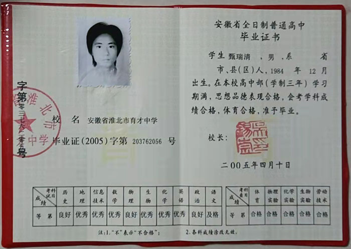 安徽省2001年高中毕业证样本