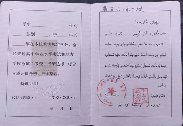 新疆2008年高中毕业证样本